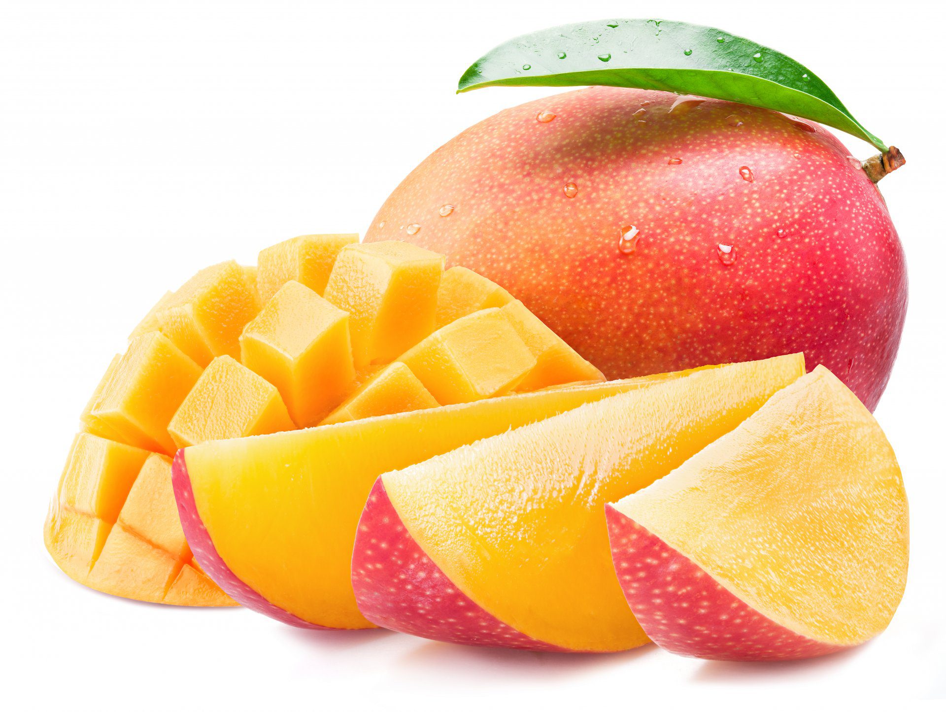 Mango,Fruit,With,Mango,Cubes,And,Leaves,Isolated,On,A