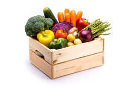 Pine,Box,Full,Of,Colorful,Fresh,Vegetables,On,A,White