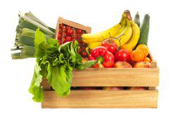 Wooden,Crate,Fresh,Vegetables,And,Fruit,Isolated,Over,White,Background